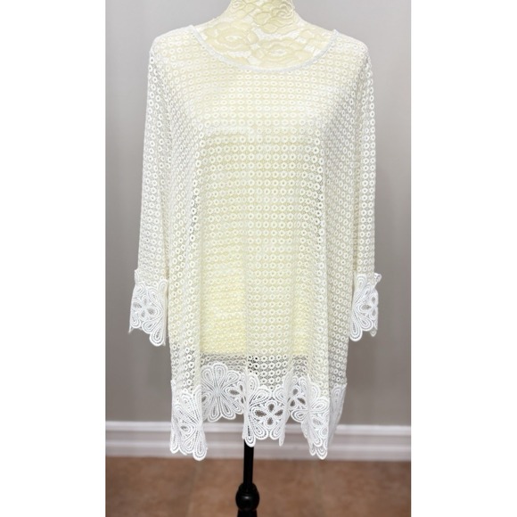 Alfani Tops - Alfani Womens 2X Ivory Open Knit Top Sheer Lace Trim Boho Resort Lightweight